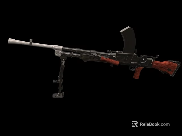 Military Tactical Machine Gun With Wooden Stock Metal Stand Black Barrel And Magazine 3d model 