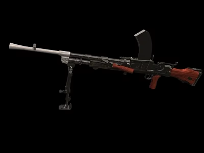Military Tactical Machine Gun With Wooden Stock Metal Stand Black Barrel And Magazine 3d model