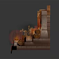 Ornate Commercial Display Platform With Decorative Lamps Storage Barrels And Red Orange Elements