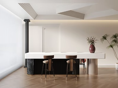 Modern Reception Desk With White Countertop Black Base Brown Stools Red Vase And Green Plant 3d model