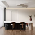 Modern Reception Desk With White Countertop Black Base Brown Stools Red Vase And Green Plant
