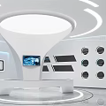 Modern Tech Exhibition Hall With Circular Ceiling Lamp Digital Screens And Curved White Reception Desk