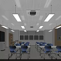 School Classroom Interior With Blue Chairs White Desks Red Wall Blackboard Storage Cabinets And Lighting