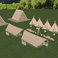 Scenic Camping Site With Starry Night Sky Tipi Tents Grassland Trees And Hay Bales