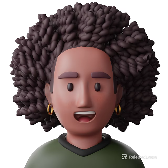 Man With Curly Afro Hair Gold Hoop Earrings Smiling In Green Shirt With Black Collar 3d model 