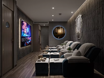 Cozy SPA Sauna Relaxation Lounge With Recliner Chairs Large Screen And Decorative Wall Art 3d model