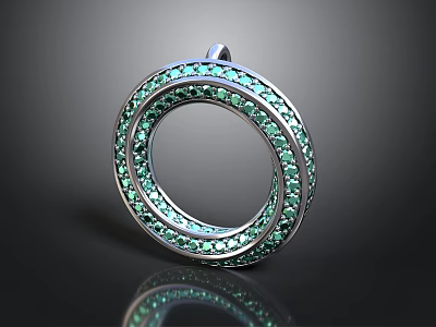 Elegant Double Ring Pendant With Sparkling Green Gemstones And Shiny Metal Setting 3d model