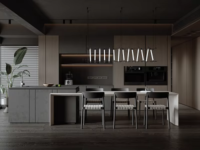 Modern Restaurant Open Kitchen with Island Counter Hanging Lights and Wooden Dining Chairs 3d model