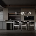Modern Restaurant Open Kitchen with Island Counter Hanging Lights and Wooden Dining Chairs
