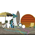 Summer Beach Fun Setup With Yellow Striped Umbrella Beach Chairs Surfboards Neon Sun Balloons Colorful Lights