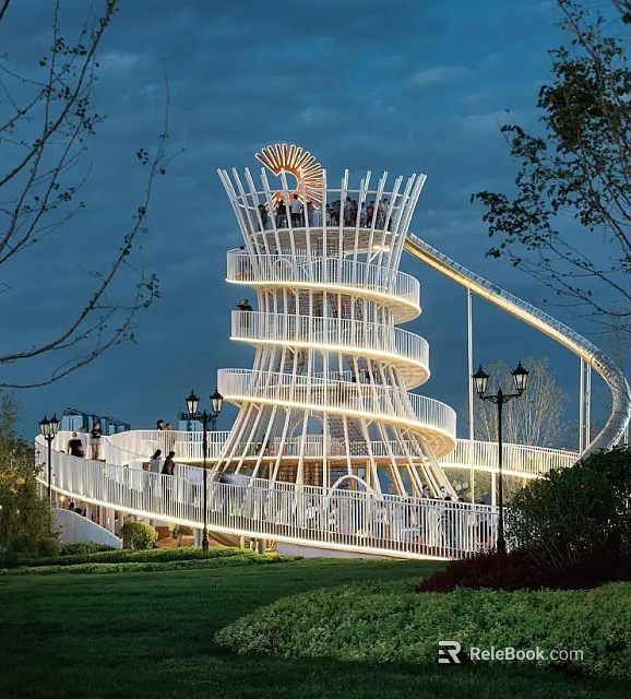 Elegant Spiral Pergola Design With Illuminated Structure And Surrounding Greenery 3d model