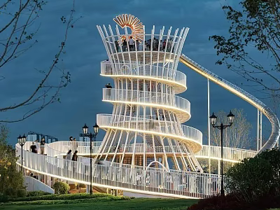 Elegant Spiral Pergola Design With Illuminated Structure And Surrounding Greenery 3d model