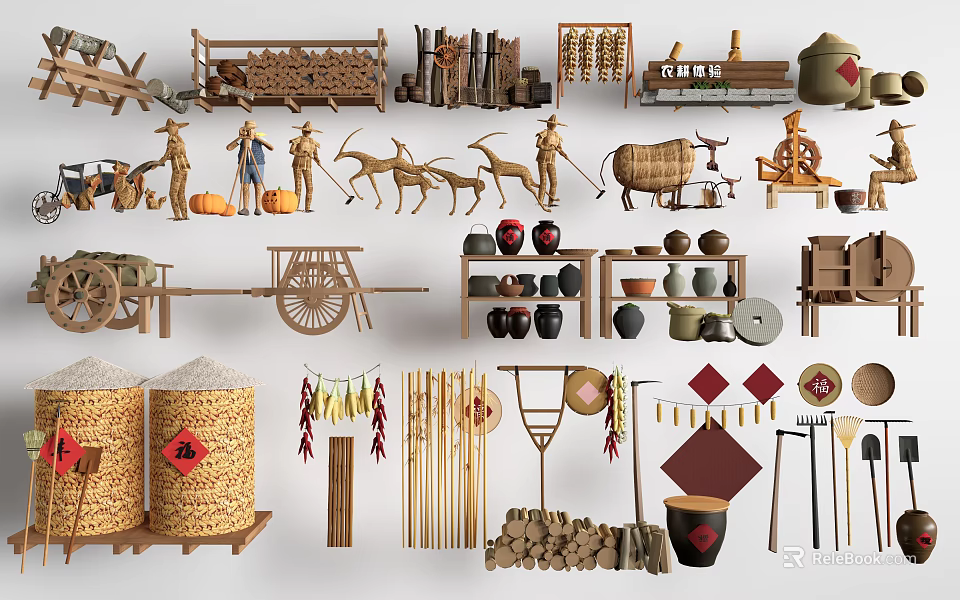 Garden Ornaments Featuring Scarecrows Clay Pots Wooden Carts Farm Tools Rice Ears And Lanterns 3d model 