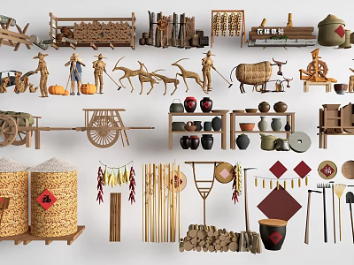 Garden Ornaments Featuring Scarecrows Clay Pots Wooden Carts Farm Tools Rice Ears And Lanterns 3d model