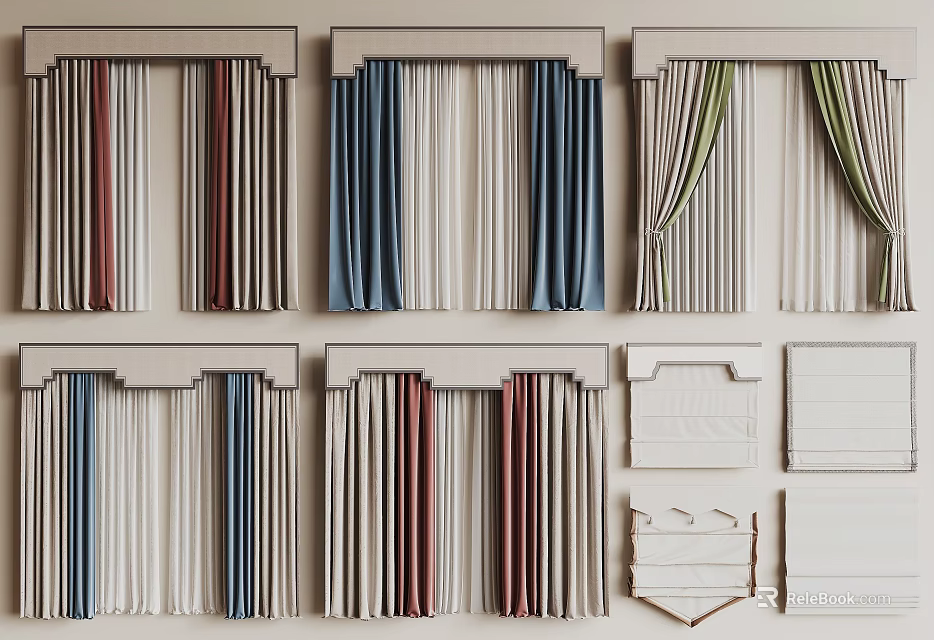 Various Colorful Striped Curtains With Decorative Headers And Valance Designs For Home Decor 3d model 