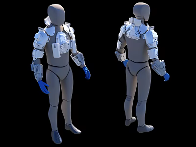 Game Movie Character Wearing Silver Mechanical Armor With Blue Gloves 3D Model Front Back Views 3d model