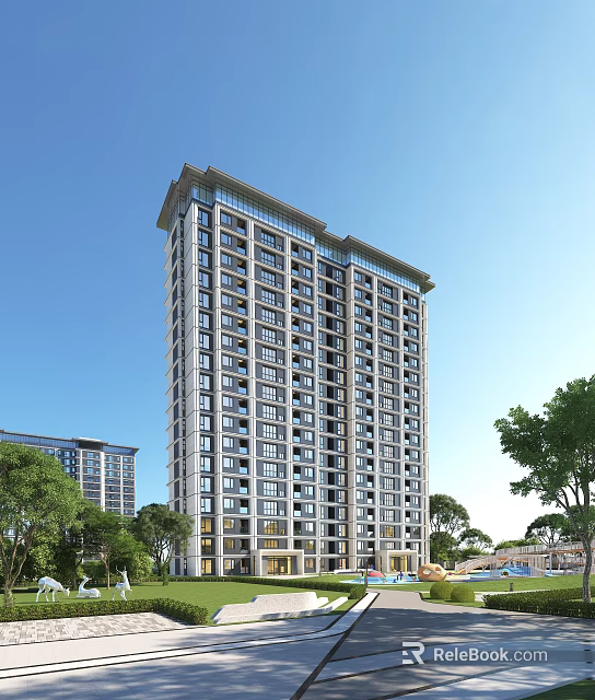 Modern High Rise Residential Building With Green Trees And Clear Blue Sky 3d model 