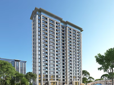 Modern High Rise Residential Building With Green Trees And Clear Blue Sky 3d model