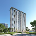 Modern High Rise Residential Building With Green Trees And Clear Blue Sky