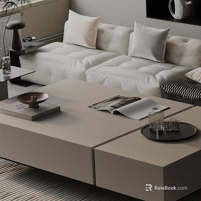Modern Beige Fabric Sofa And Coffee Table Set With Decorative Items And Open Magazine 3d model