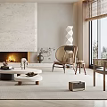 Modern Living Room Interior With Stone Fireplace Circular Ceiling Light Sectional Sofa And Wooden Flooring