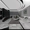Luxurious Dining and Living Room Interior With Chandelier Marble Floor and Wine Cabinet
