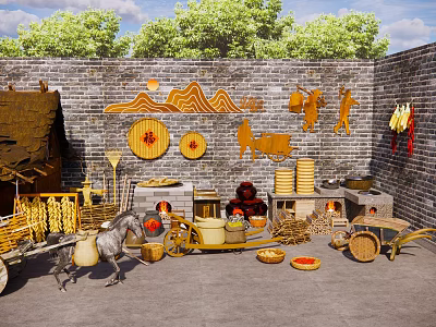 Traditional Garden Landscape with Brick Wall Wooden Carvings and Farm Tools 3d model