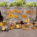 Traditional Garden Landscape with Brick Wall Wooden Carvings and Farm Tools