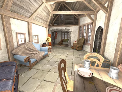 Rustic Building Interior With Wooden Beams Stone Flooring And Cozy Furniture 3d model