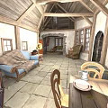 Rustic Building Interior With Wooden Beams Stone Flooring And Cozy Furniture