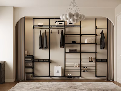 Modern Open Wardrobe Design With Hanging Clothes Shelves Shoes Bags And Pendant Lighting 3d model