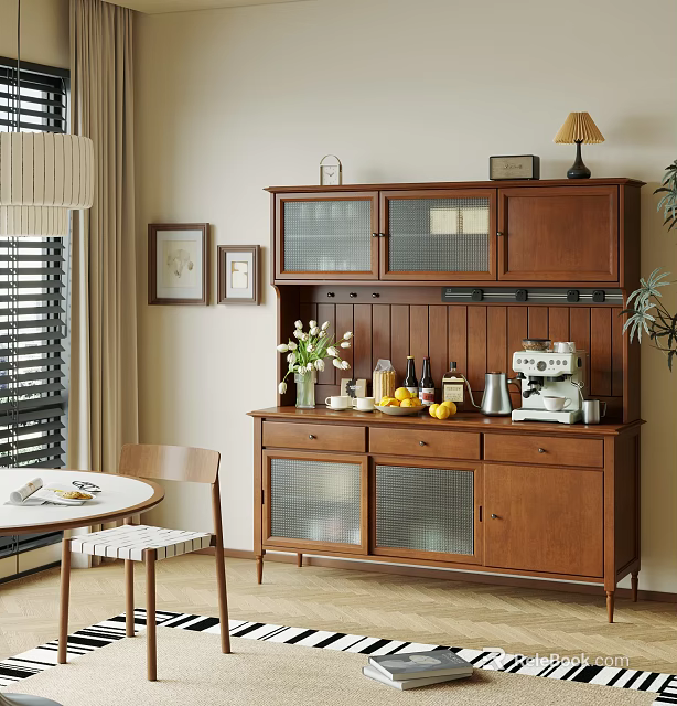 Wooden Sideboard with Glass Doors Flowers Lemons Coffee Machine and Table Lamp in Dining Area 3d model 