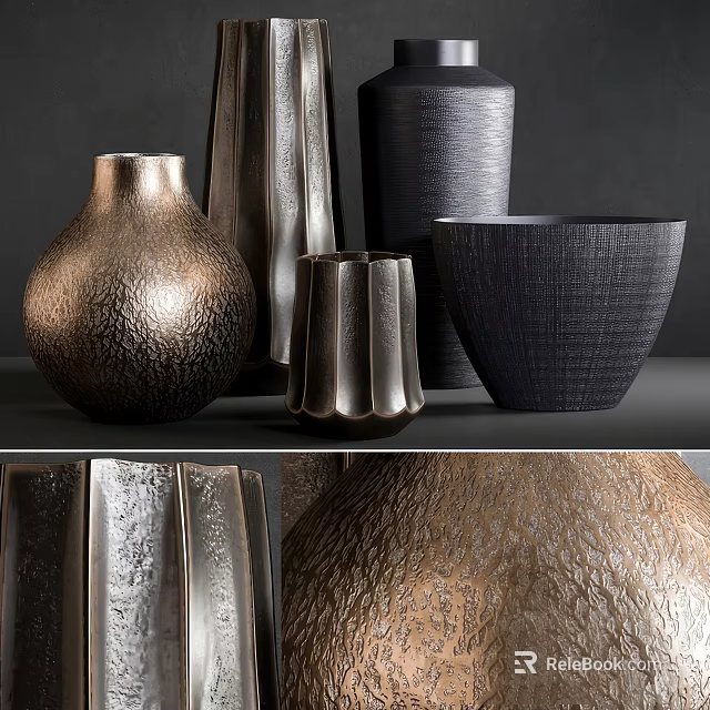 Modern Elegant Metallic Vases With Textured Surfaces And Fresh Flowers 3d model 