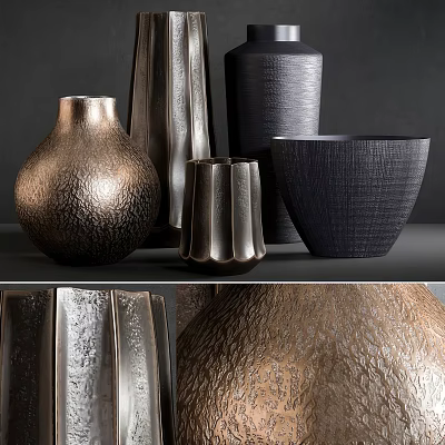 Modern Elegant Metallic Vases With Textured Surfaces And Fresh Flowers 3d model