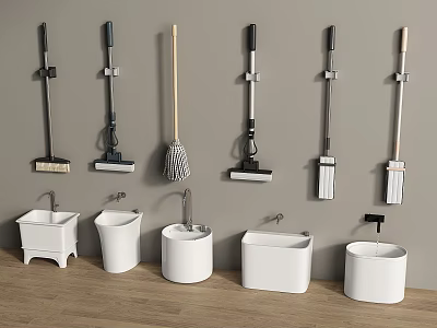 Bathroom Small Accessories With Wall Mounted Mops Brooms And Floor Placed White Buckets 3d model