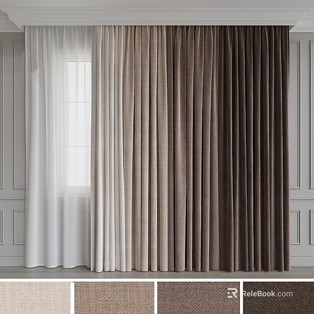 White Beige and Brown Curtains For Window Decoration With Soft Texture 3d model
