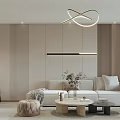 Modern Living Dining Room Interior With Wall TV Hanging Chandelier Sofa Coffee Table And Dining Chairs