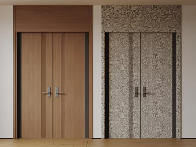 Wooden Double Doors With Vertical Lines And Patterned Design In Home Interior 3d model