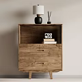 Wooden Storage Cabinet with Drawers Open Shelf Table Lamp Diffuser Radio and Books on Top