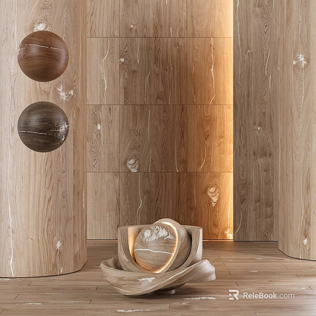 Elegant Circular Components With Spherical Decorations On Wooden Grain Wall Interior 3d model 