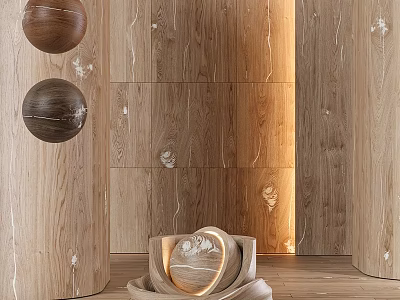 Elegant Circular Components With Spherical Decorations On Wooden Grain Wall Interior 3d model