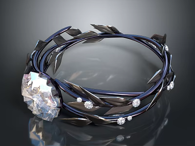 Elegant Bracelet With Black Leaf Design Large Clear Gemstone And Small Diamonds 3d model