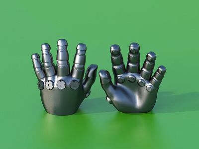 Two Black Metal Robot Hands With Mechanical Details On Green Background 3d model