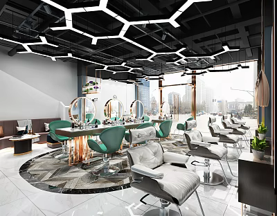 Modern Hair Salon Interior with Hexagonal Ceiling Lights Green Chairs and Mirrors 3d model