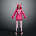 Anime Character In Pink Cat Ears Hoodie With Sweet Cat Print And Checkered Stockings