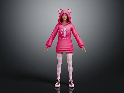 Anime Character In Pink Cat Ears Hoodie With Sweet Cat Print And Checkered Stockings 3d model