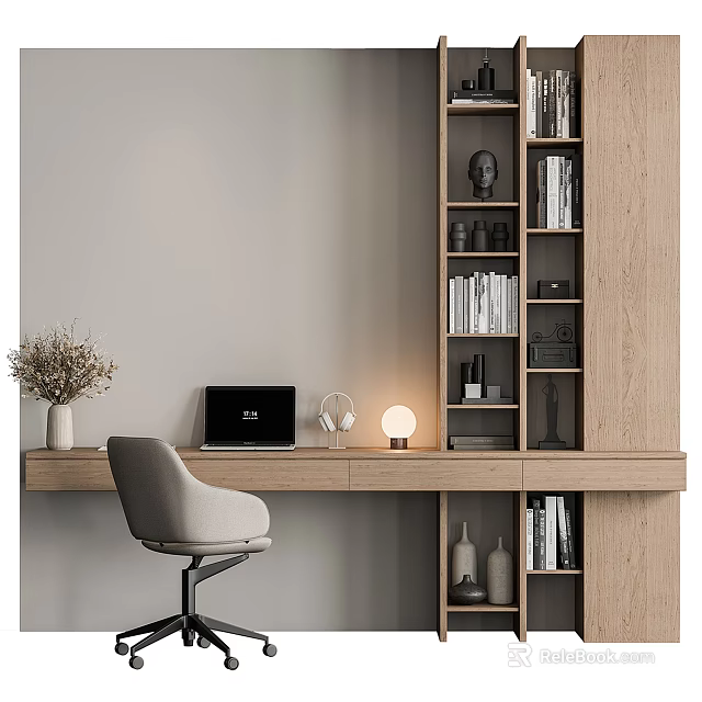 Modern Wooden Desk With Bookshelf Laptop Lamp Beige Chair And Dried Flower Vase 3d model 