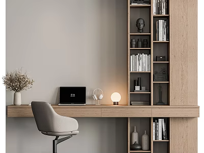 Modern Wooden Desk With Bookshelf Laptop Lamp Beige Chair And Dried Flower Vase 3d model
