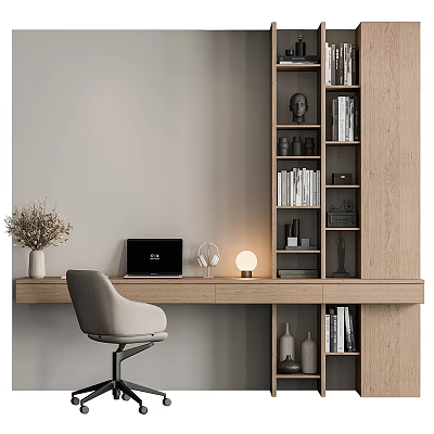 Modern Wooden Desk With Bookshelf Laptop Lamp Beige Chair And Dried Flower Vase 3d model
