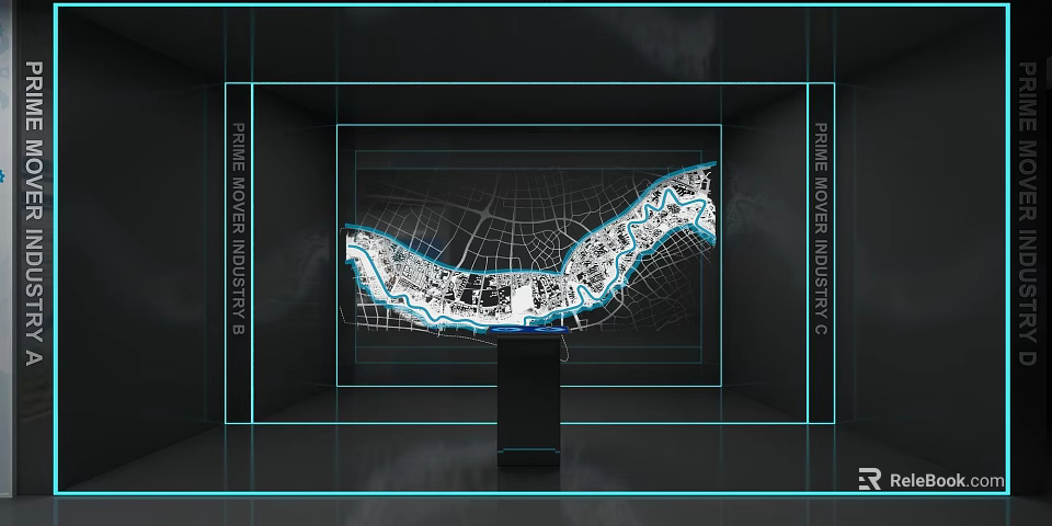 3D City Planning Model Exhibition In Space With Blue Lines And Grid Projection 3d model